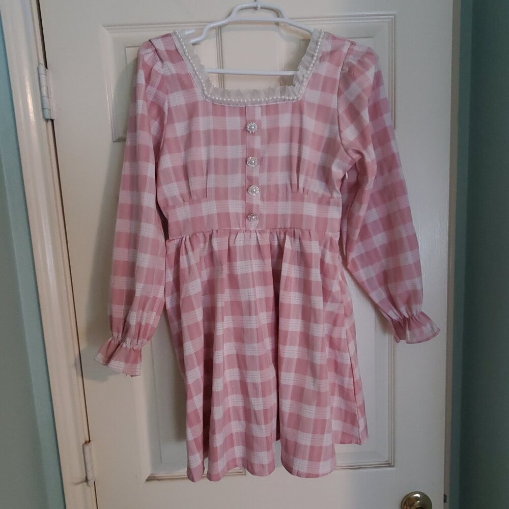 YA TE SI Pink and White Plaid Babydoll Dress lolita gingham ruffle collar